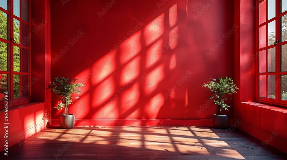 Poster an empty room with vivid red walls and large windows letting in bright sunlight, featuring a single 
