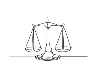 One continuous line drawing of law balance and scale of justice. Symbol of equality and equilibrium concept and logo firm in simple linear style. Libra thin icon. Doodle vector illustration © mitay20