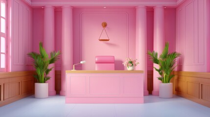 A vibrant pink office reception area with a desk, plants, and elegant decor, featuring natural light from large windows.