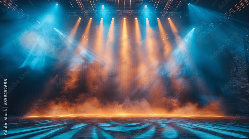 Poster dramatic empty stage illuminated with blue and orange light beams creating a captivating atmosphere,
