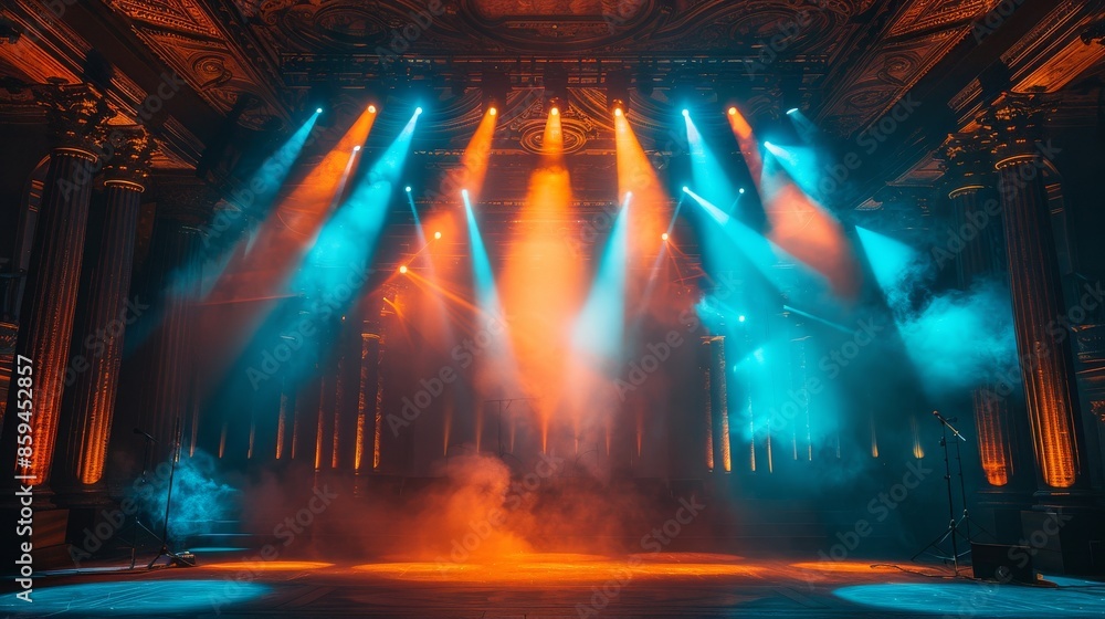 Poster intricately designed stage illuminated with blue and orange lights, surrounded by a hazy fog creatin