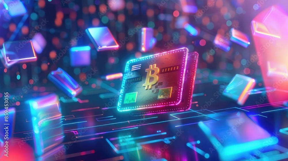 Poster A digital wallet depicted in a 3D environment with vibrant, color-changing digital currency icons floating around it. 