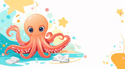 Fototapeta premium Illustration of orange smiling Baby Octopus with Books on colourful background. Mock up, Banner with copy space for text. School time concept.