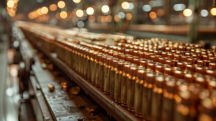 An industrial photograph showcasing rows of ammunition cylinders neatly arranged in a factory assembly line, symbolizing uniformity, precision, and productive expertise.
