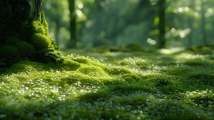 Fototapeta premium Beautiful green moss in the forest, sunlight shines through trees on lush grass and moss, creating an enchanting atmosphere. This scene is filled with tranquility and natural beauty.