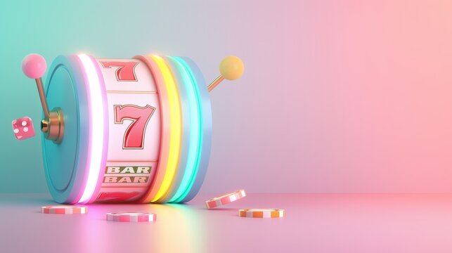 A minimalist and stylish casino slot machine illuminated in a rainbow of colors, with clean lines and modern design elements. The image offers ample copy space for customization.