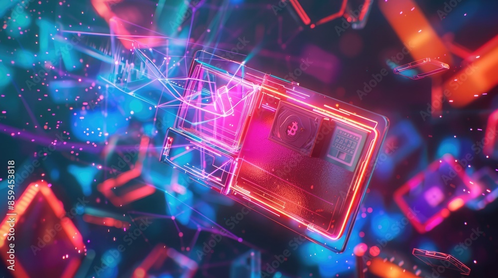 Poster An artistic representation of a digital wallet with virtual currency symbols hovering around it, with futuristic neon colors and dynamic lighting. 