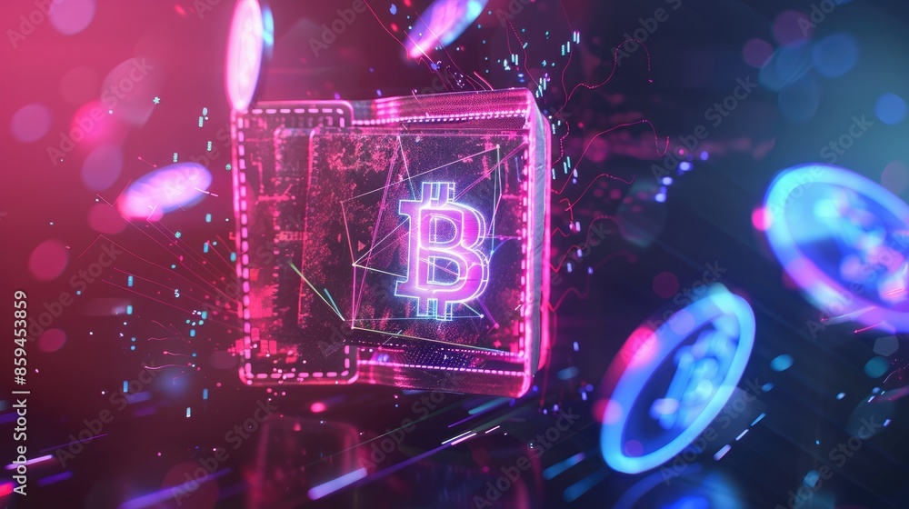 Poster An artistic representation of a digital wallet with virtual currency symbols hovering around it, with futuristic neon colors and dynamic lighting.