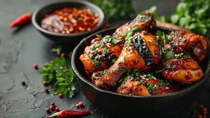 This image features grilled chicken legs garnished with fresh herbs and spices in a cast iron skillet, capturing the essence of delicious home-cooked meals.