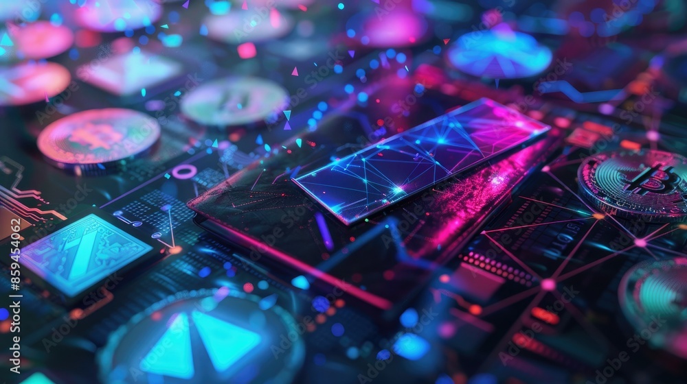 Poster A modern, sleek digital wallet with a futuristic interface, surrounded by colorful digital coins and blockchain symbols. 