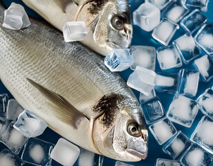 Frozen fresh fish among a pile of cold ice cubes. Fresh fish preserved in a pile of ice cubes.