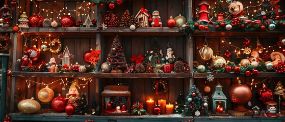 Festive Christmas Decorations on Shelves with Fairy Lights and Ornaments