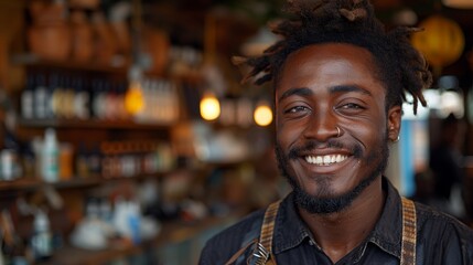 Fototapeta premium A smiling barista with dreadlocks and an apron stands in a coffee shop, surrounded by products on shelves. His genuine expression exudes warmth and friendliness.