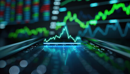 A stock market graph is displayed on a computer screen with a green line that is