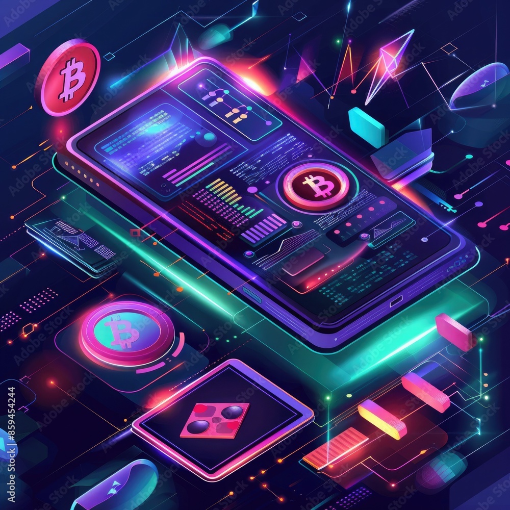 Poster A modern, sleek digital wallet with a futuristic interface, surrounded by colorful digital coins and blockchain symbols. 
