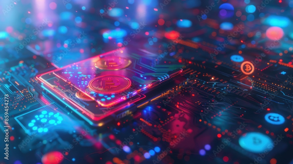 Poster A vibrant CGI render of a digital wallet with glowing cryptocurrency icons swirling around it, set against a high-tech digital background. 