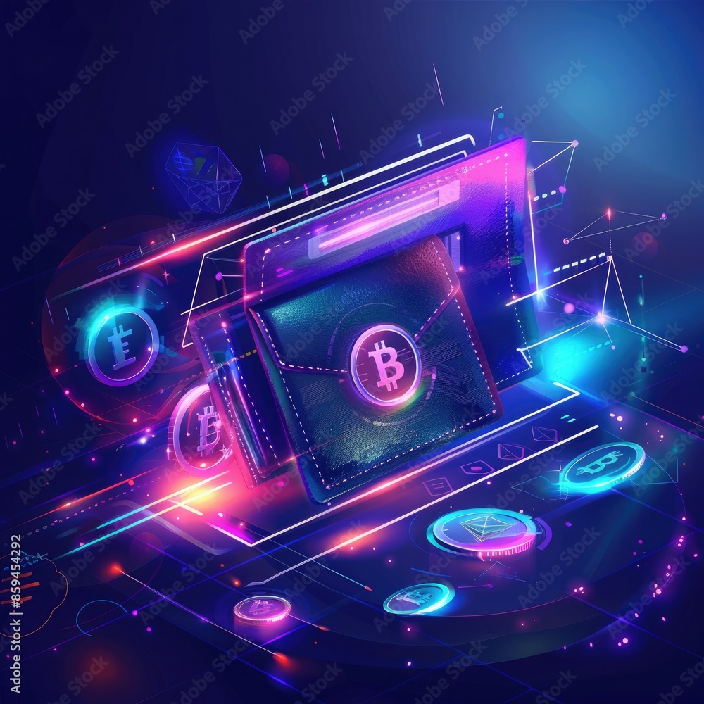 Poster A modern, sleek digital wallet with a futuristic interface, surrounded by colorful digital coins and blockchain symbols. 
