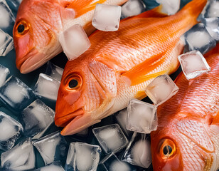 Frozen fresh fish among a pile of cold ice cubes. Fresh fish preserved in a pile of ice cubes.