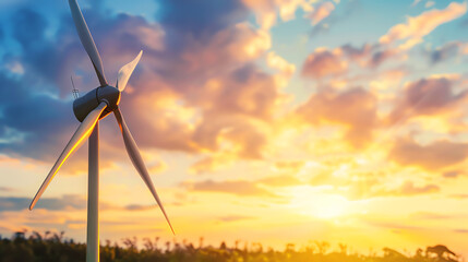 Closeup of a wind turbine against a sunset sky, showcasing the elegance and power of renewable energy
