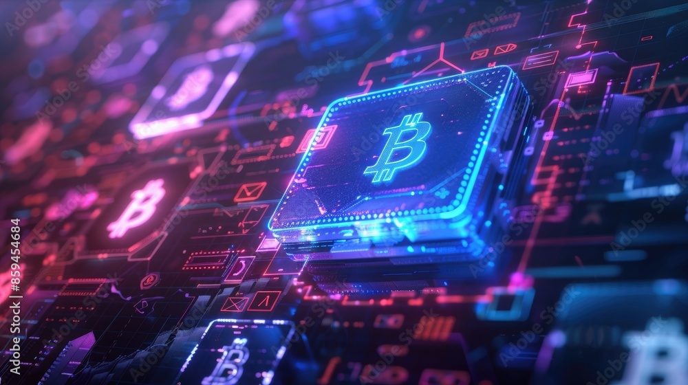 Poster A CGI scene showing a digital wallet with animated cryptocurrency symbols floating around it, all in a futuristic Web 3.0 color palette. 