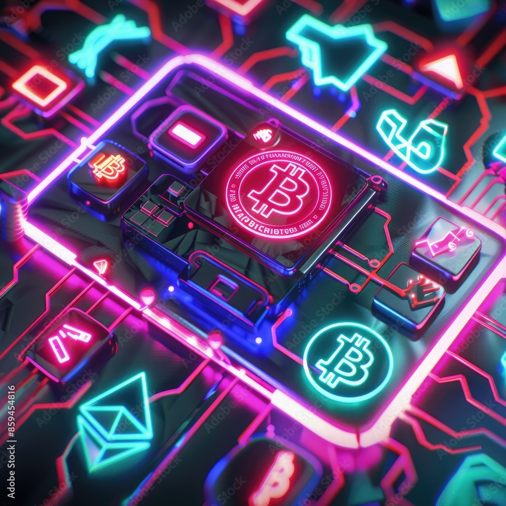 Aufkleber A futuristic render of a digital wallet with neon lights and color-changing cryptocurrency icons surrounding it. 