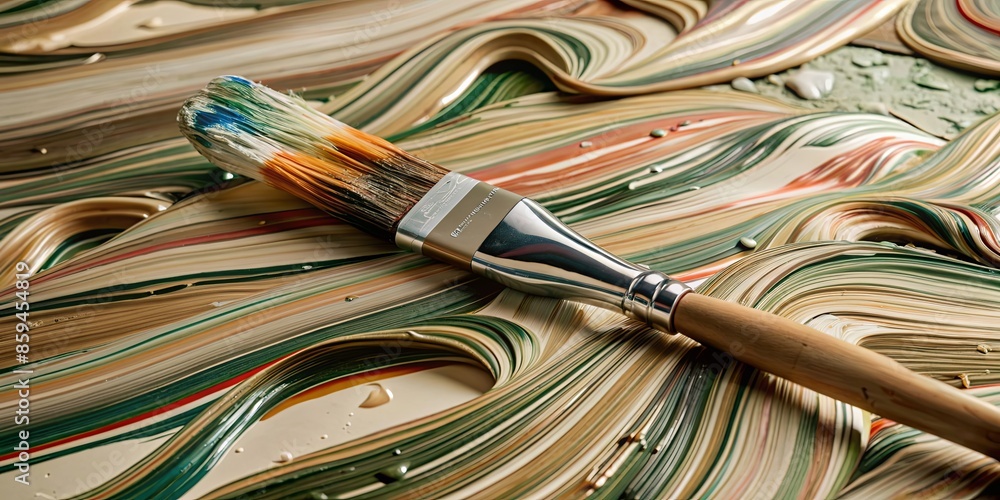 Poster a paintbrush is sitting on a canvas with paint splatters