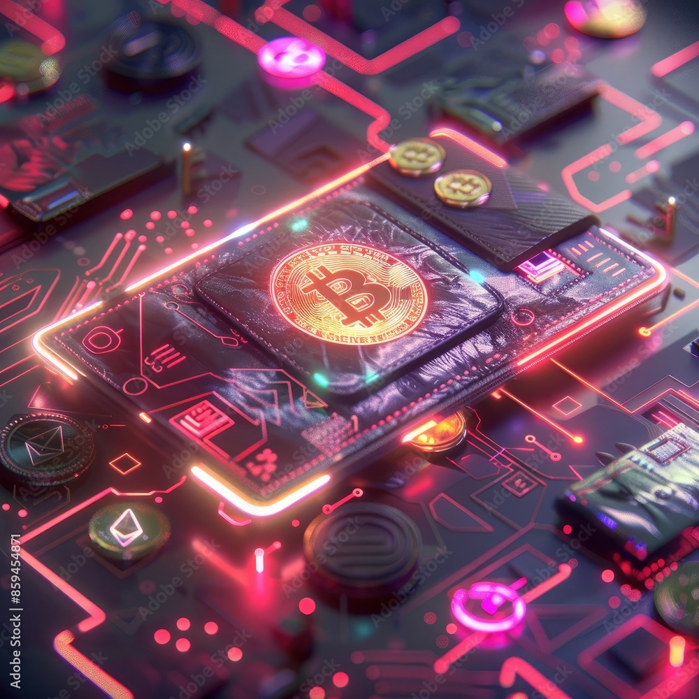 Poster A futuristic render of a digital wallet with neon lights and color-changing cryptocurrency icons surrounding it. 