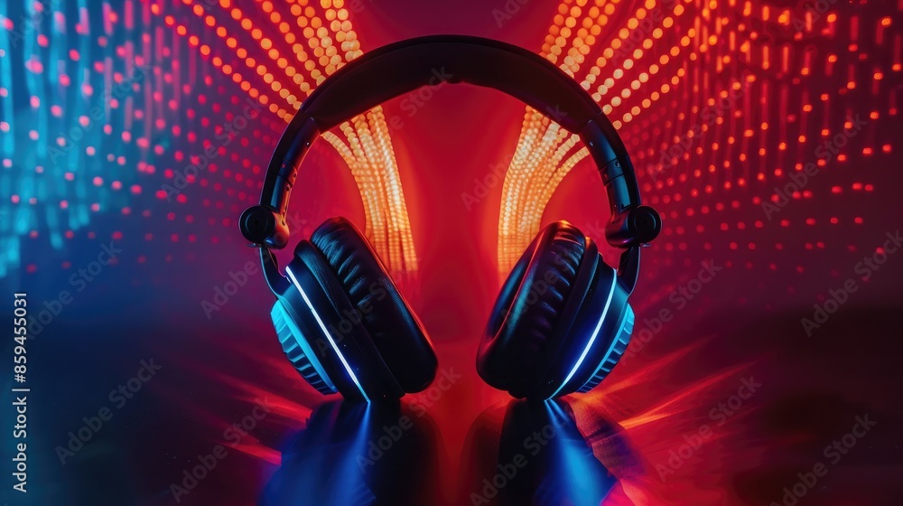 Poster A bold and bright design of headphones with swirling, color-changing LED lights, creating a mesmerizing visual effect.