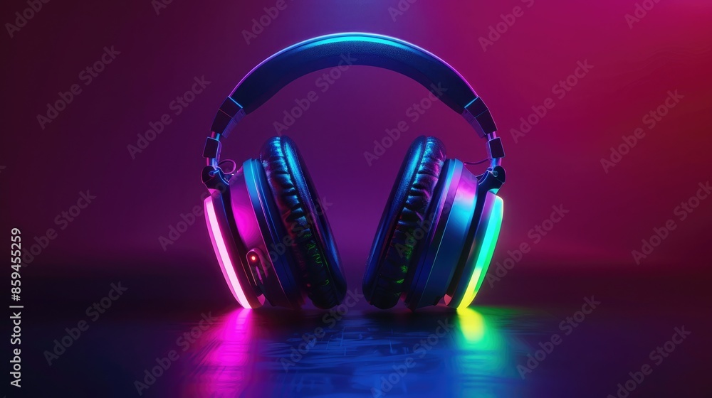 Poster a vibrant graphic design displaying headphones with color-changing led lights in a variety of bold, 
