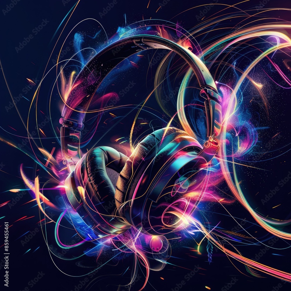 Poster an abstract design with headphones surrounded by colorful light trails, emphasizing the immersive au