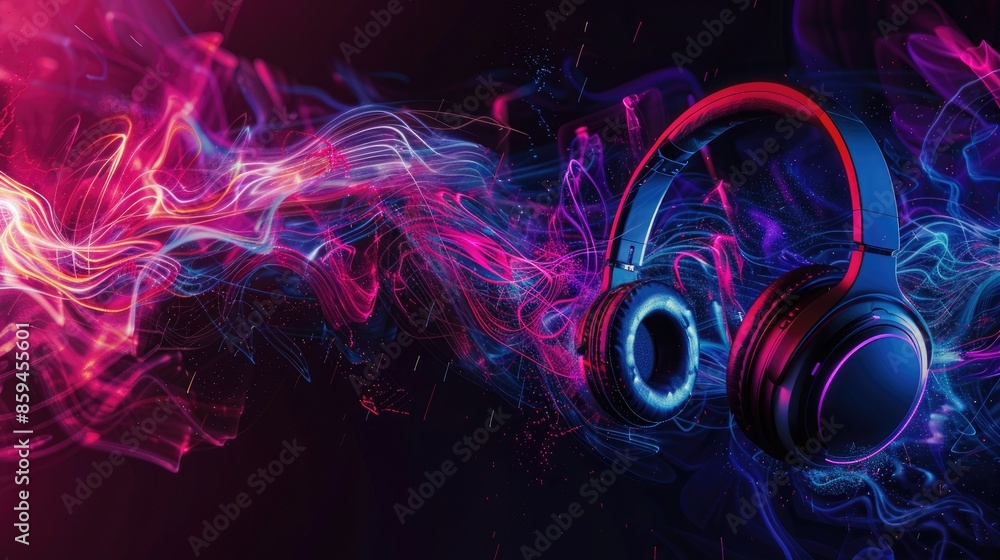Poster an abstract design with headphones surrounded by colorful light trails, emphasizing the immersive au
