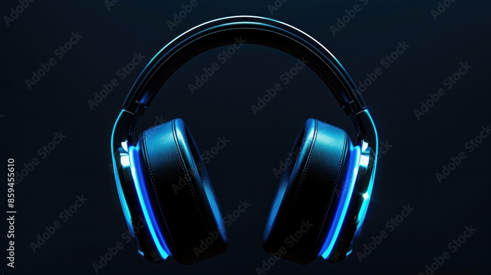 Poster a futuristic and minimalist graphic design of headphones with smooth curves and changing led lights,