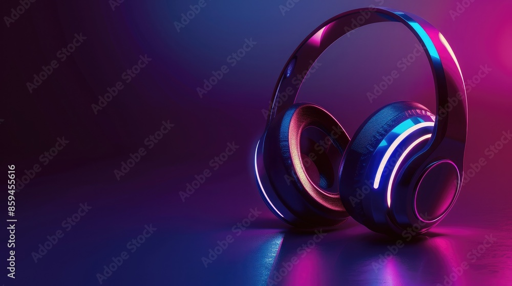 Poster a futuristic and minimalist graphic design of headphones with smooth curves and changing led lights,