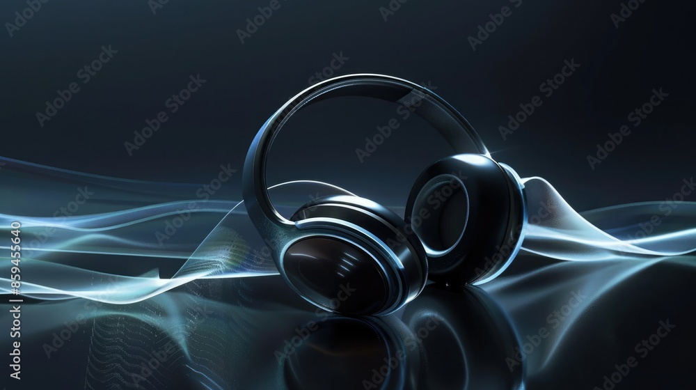 Poster a futuristic and minimalist graphic design of headphones with smooth curves and changing led lights,