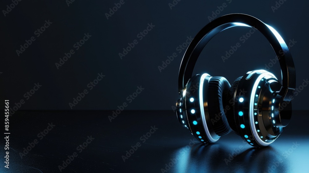 Poster a futuristic and minimalist graphic design of headphones with smooth curves and changing led lights,