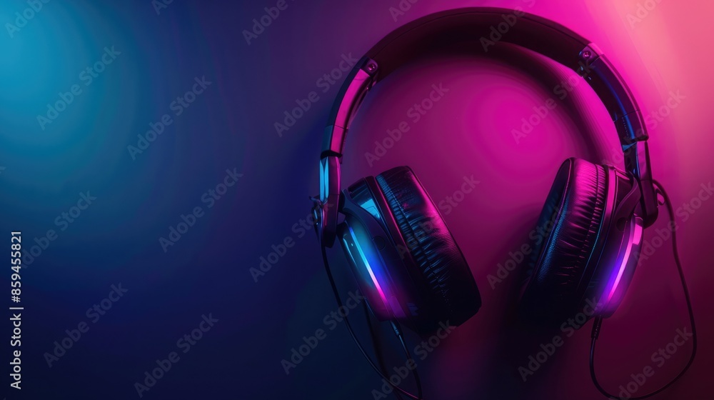 Poster A sophisticated graphic design with headphones featuring subtle, soft LED lighting that changes colors for a calming effect. 