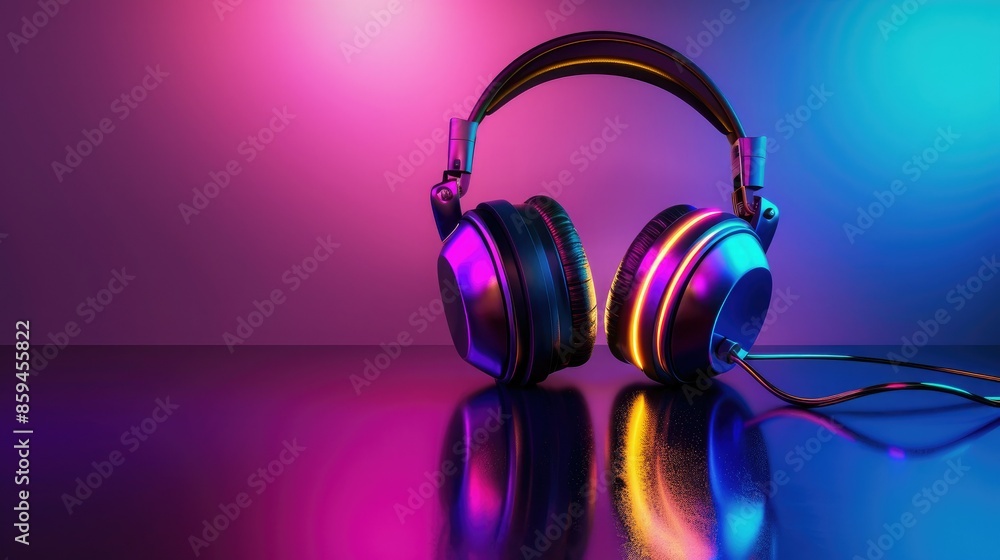 Poster A sophisticated graphic design with headphones featuring subtle, soft LED lighting that changes colors for a calming effect. 