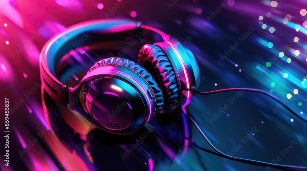 Poster A sophisticated graphic design with headphones featuring subtle, soft LED lighting that changes colors for a calming effect. 