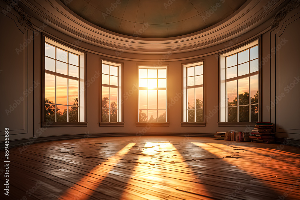 Poster a large open room with a lot of windows and a couch.
