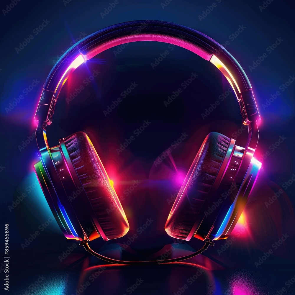 Poster an energetic design showing headphones with flashing led lights in a variety of vibrant colors, capt
