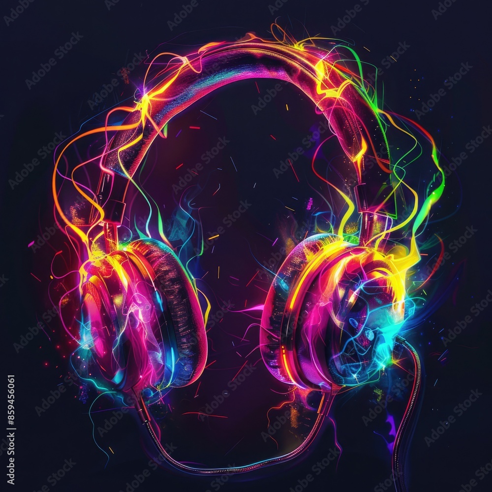Poster an energetic design showing headphones with flashing led lights in a variety of vibrant colors, capt