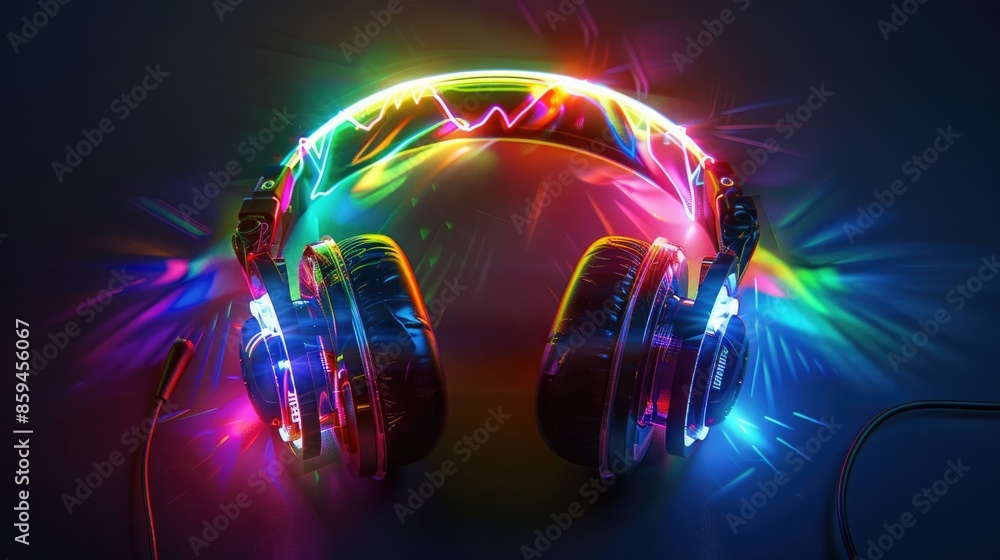 Poster an energetic design showing headphones with flashing led lights in a variety of vibrant colors, capt