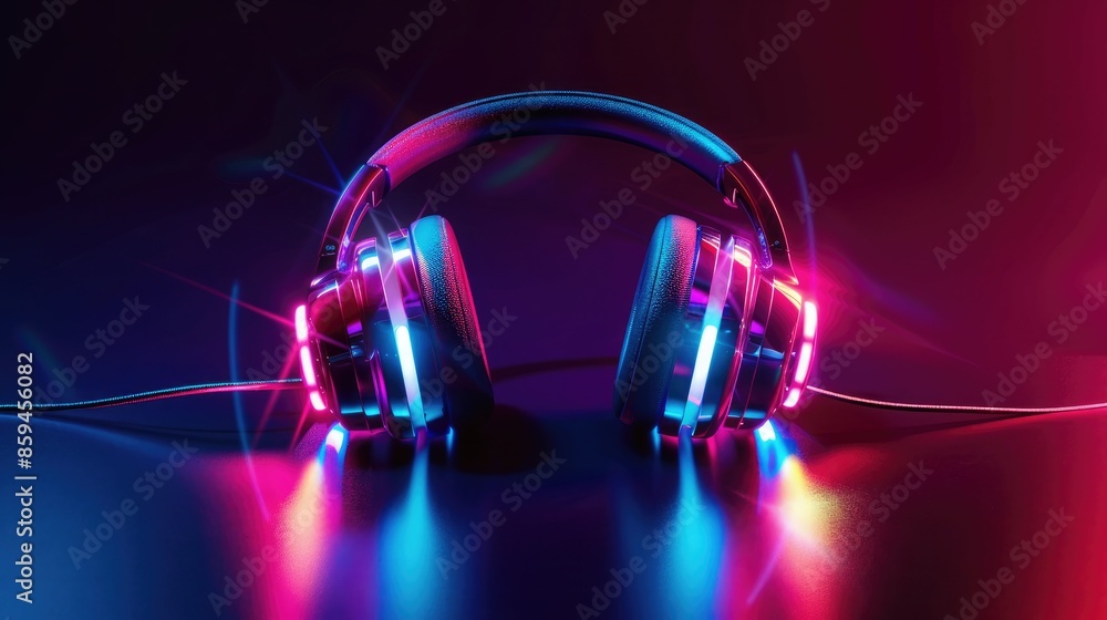 Poster an energetic design showing headphones with flashing led lights in a variety of vibrant colors, capt