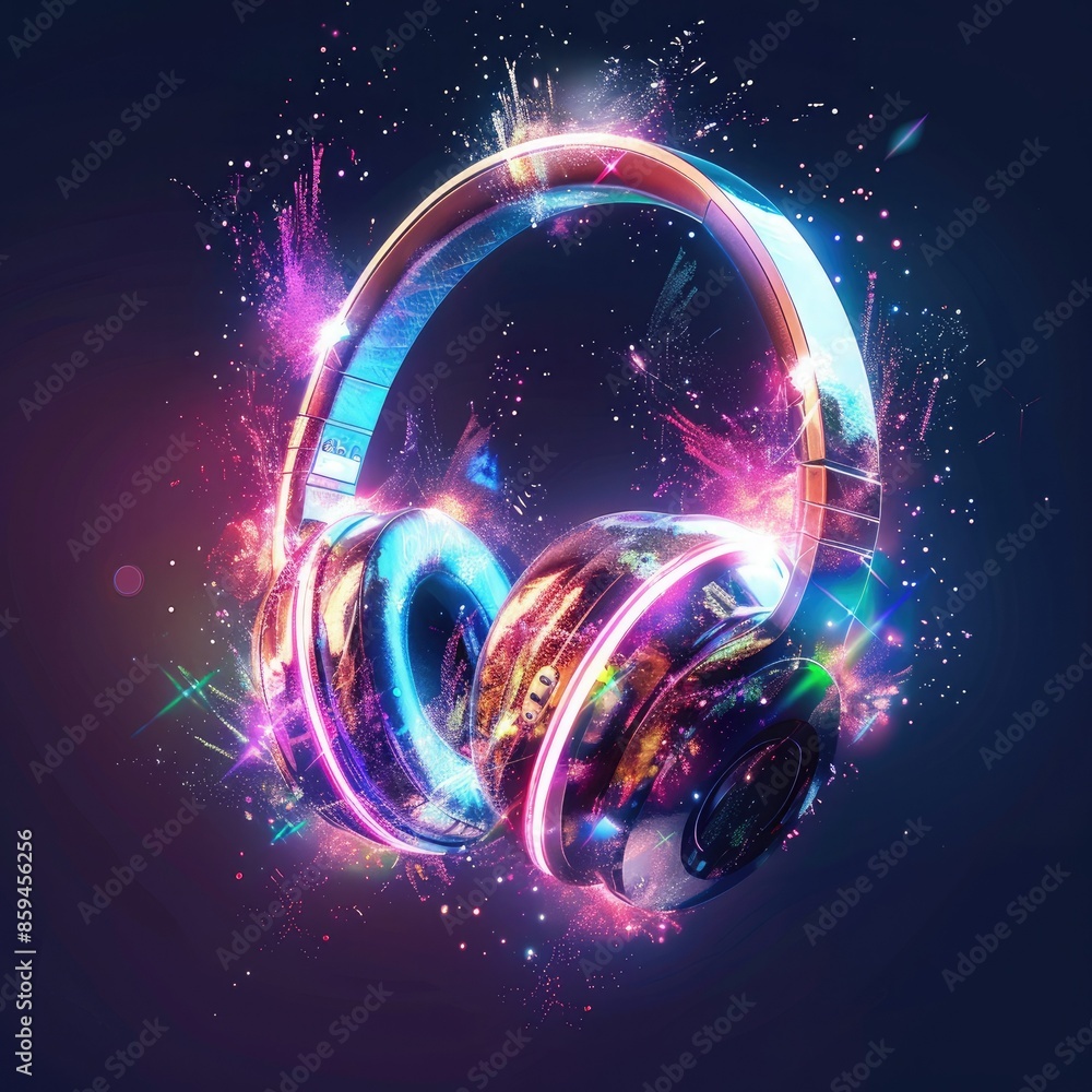 Poster an artistic rendering of headphones with a burst of colorful led lights, showcasing the fun and inno