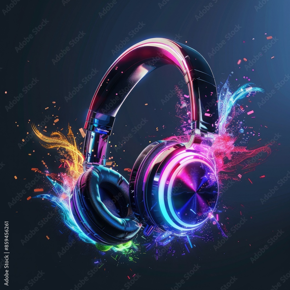 Poster an artistic rendering of headphones with a burst of colorful led lights, showcasing the fun and inno