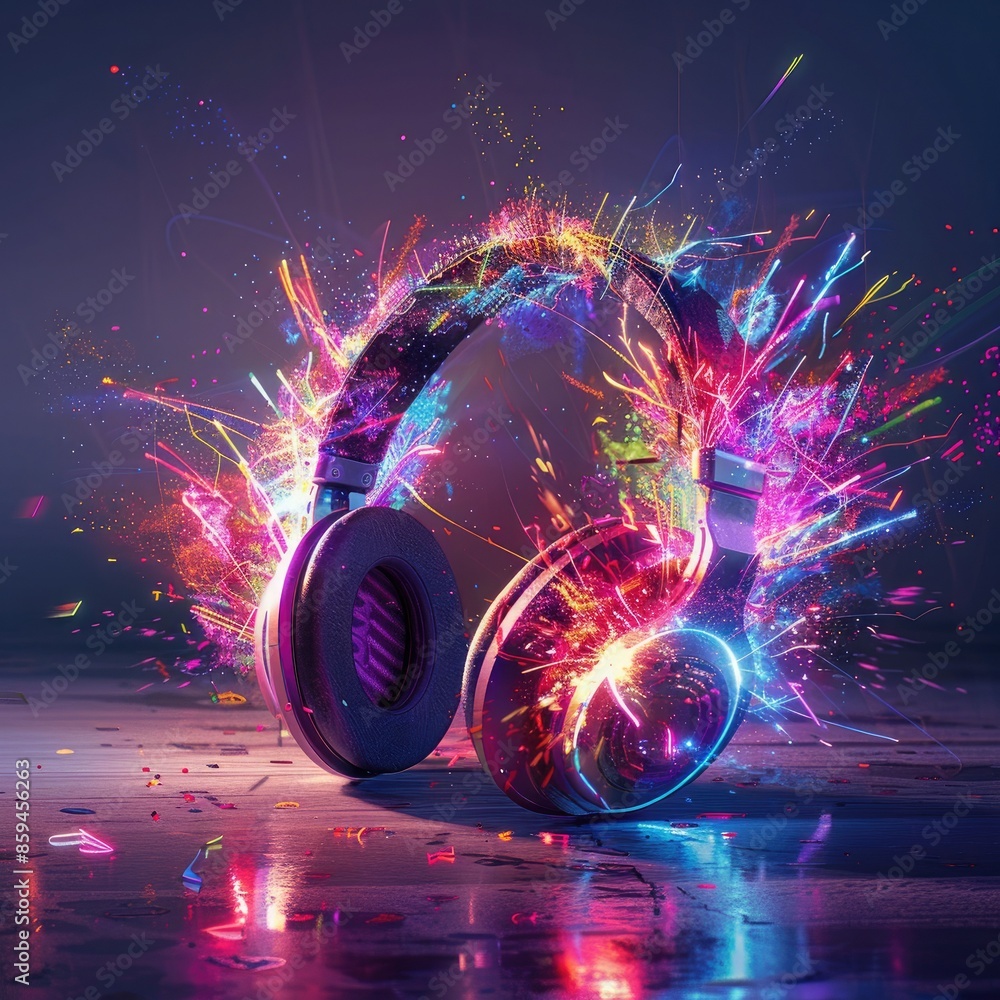 Poster an artistic rendering of headphones with a burst of colorful led lights, showcasing the fun and inno
