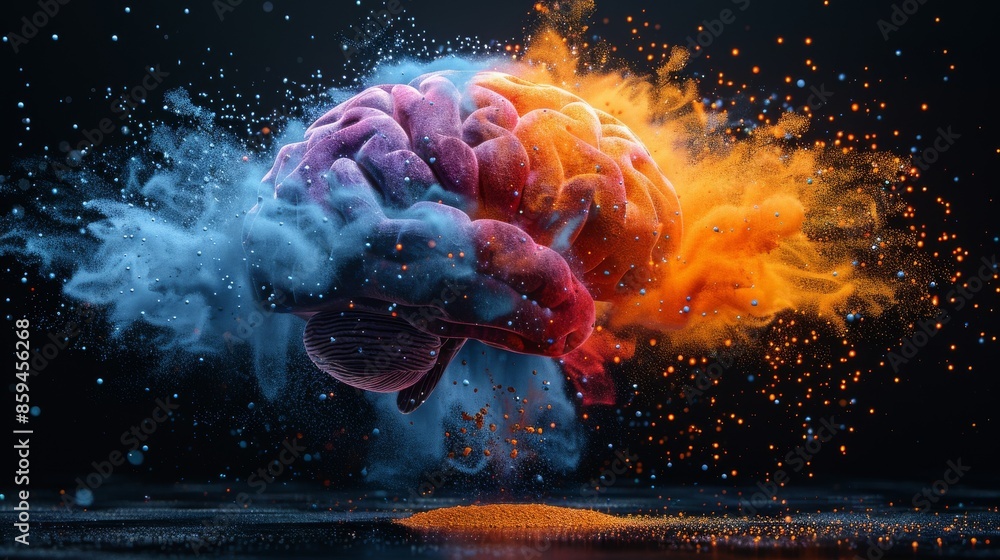 Poster a digital artwork of a brain exploding with colorful particles, depicting a blend of creativity and 