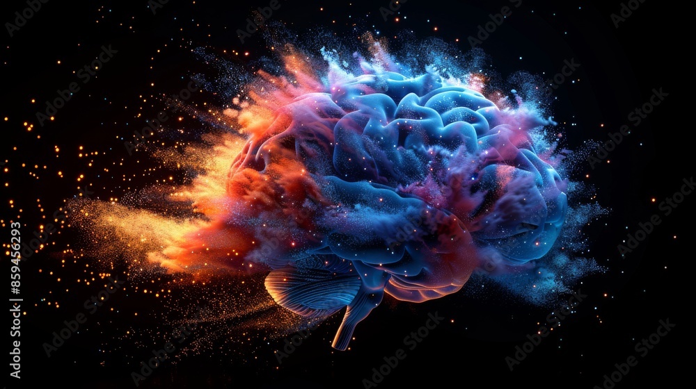 Poster an artistic representation of a brain with vibrant colors exploding, symbolizing neural activity and
