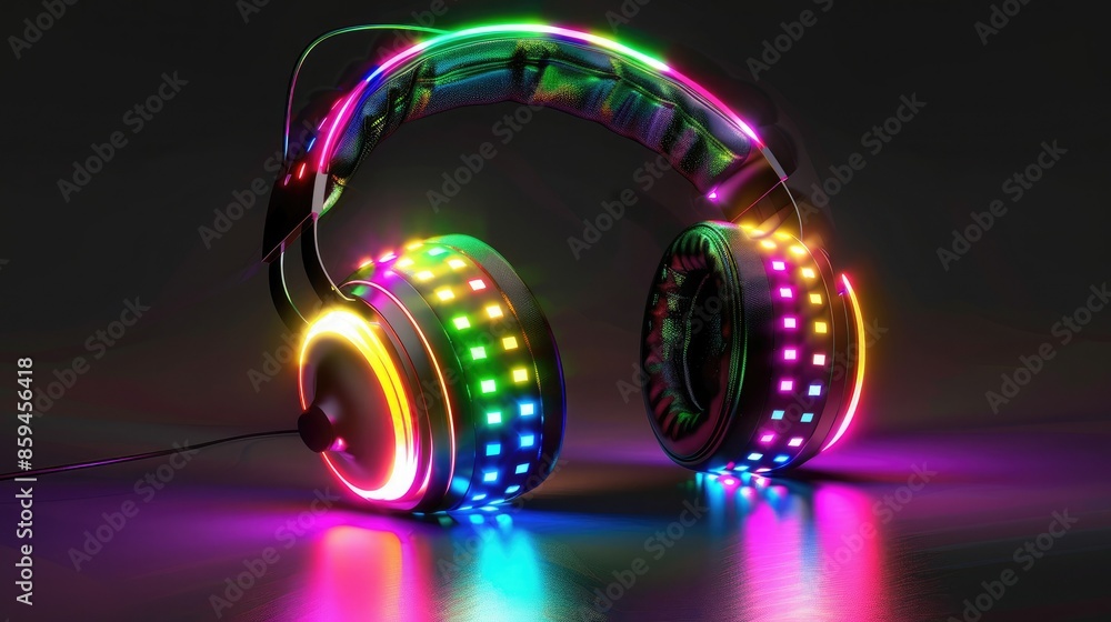 Poster an artistic rendering of headphones with vibrant, customizable led lights, emphasizing the variety o
