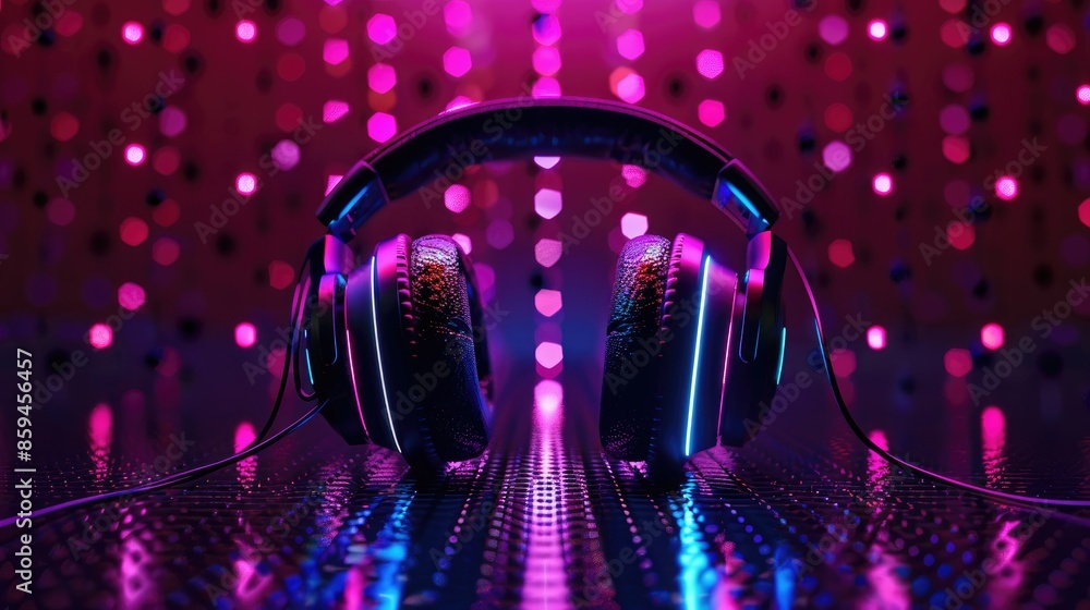 Poster A bold and dynamic graphic design of headphones with LED lights pulsating to music, demonstrating their interactive features. 